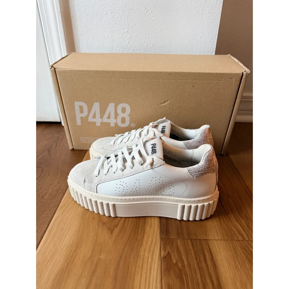 P448 Womens Creeper Platform Sneakers White Pluto Leather Glitter Size 8/ 38‎